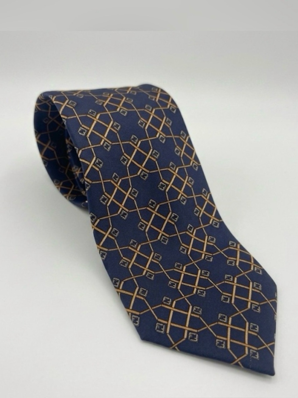 FENDI Cravatte Silk Tie Navy Blue Gold Zucca Monogram Geometric Italian Luxury